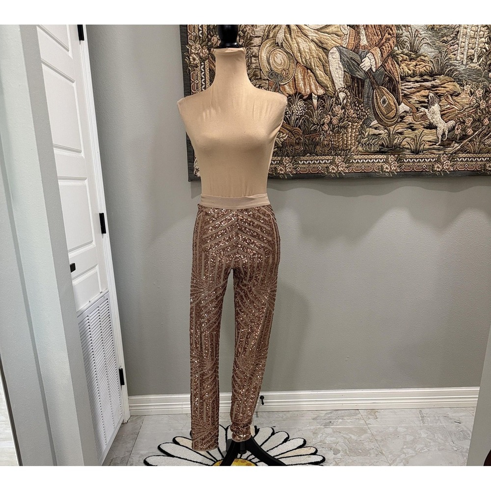 BCBGMAXAZRIA Leggings Womens 26 Gold Sequin Mesh Geometric Lined Stretch Ankle